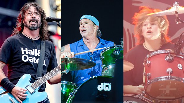 Dave Grohl, Chad Smith, and Shane Hawkins take the stage as Chevy Metal at the Rock & Roll Pizza Bar